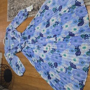 MAISON TARA BRAND WOMEN'S LONG BLUE FLORAL PLEATED LONG SLEEVES DRESS SIZE 4